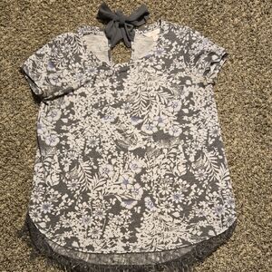 LC Lauren Conrad Gray Floral Blouse  With Lace Detail, Keyhole Back With Bow